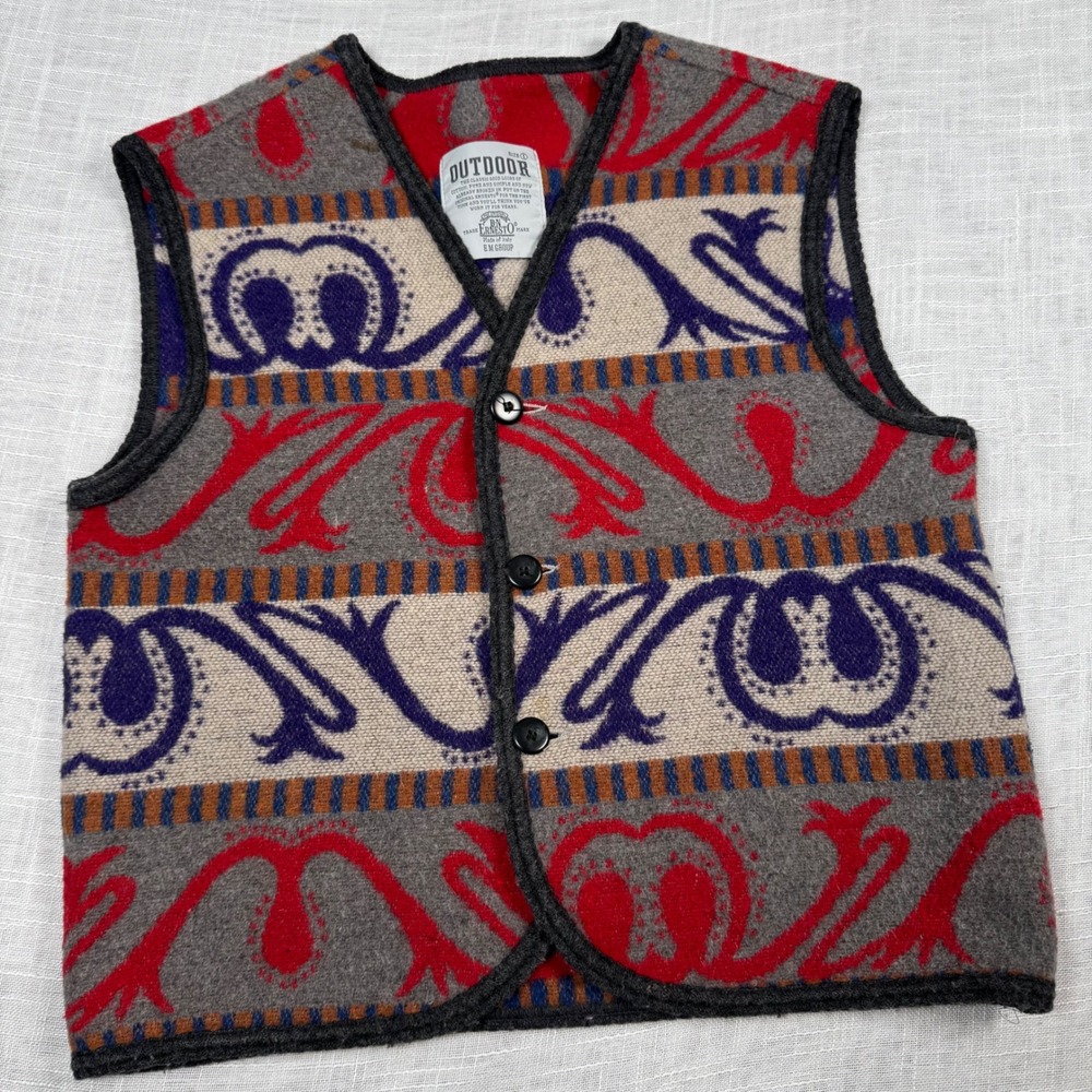 Outdoor BN Ernesto Vest Women 1/ L Grey Red Wool Italy Made Southwestern Aztec